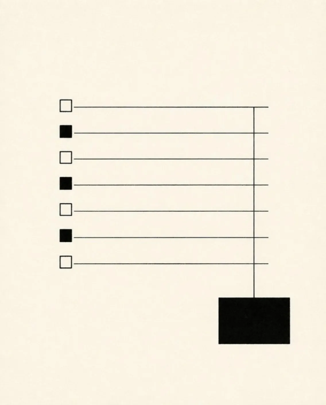 Ink drawing of seven ruled lines down a cream page, each with a small square at the left margin, three of them filled black, and a solid black block anchoring the lower right